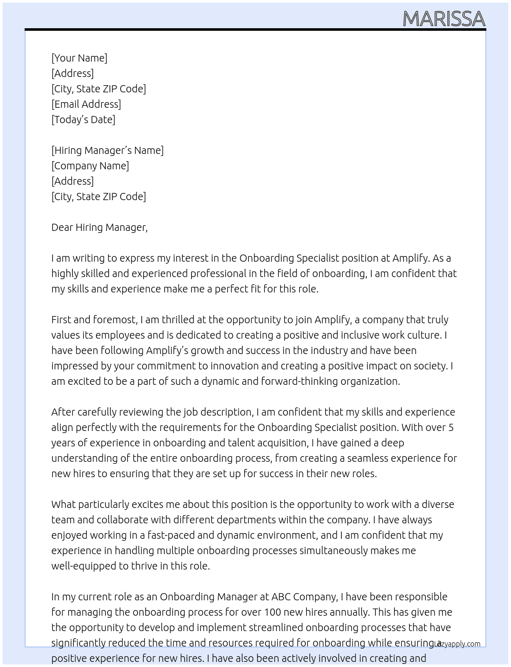 Onboarding Specialist At Amplify Cover Letter