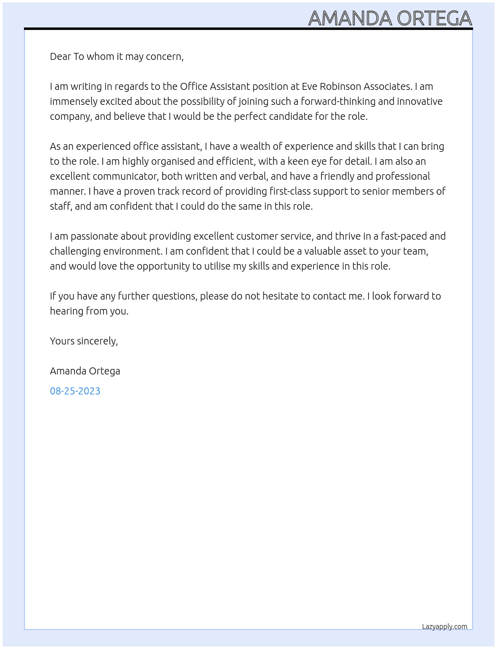 Office Assistant At Eve Robinson Associates Cover Letter