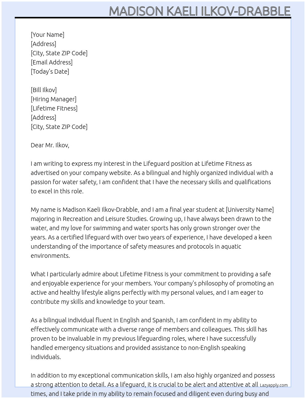 lifeguard At Lifetime Fitness Cover Letter