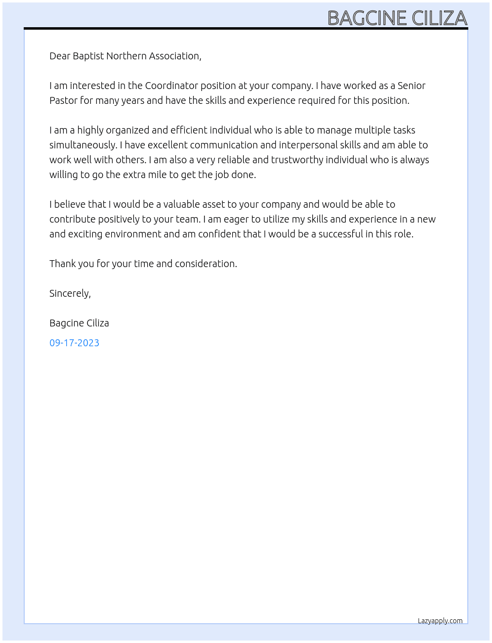 Coordinator At Ex Senior Pastor Cover Letter
