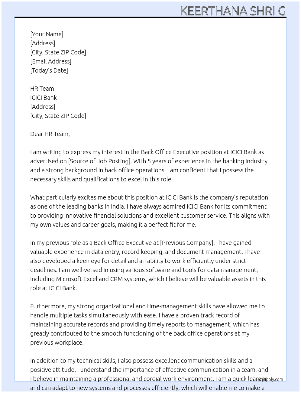 Back office Executive  At ICICI Bank Cover Letter