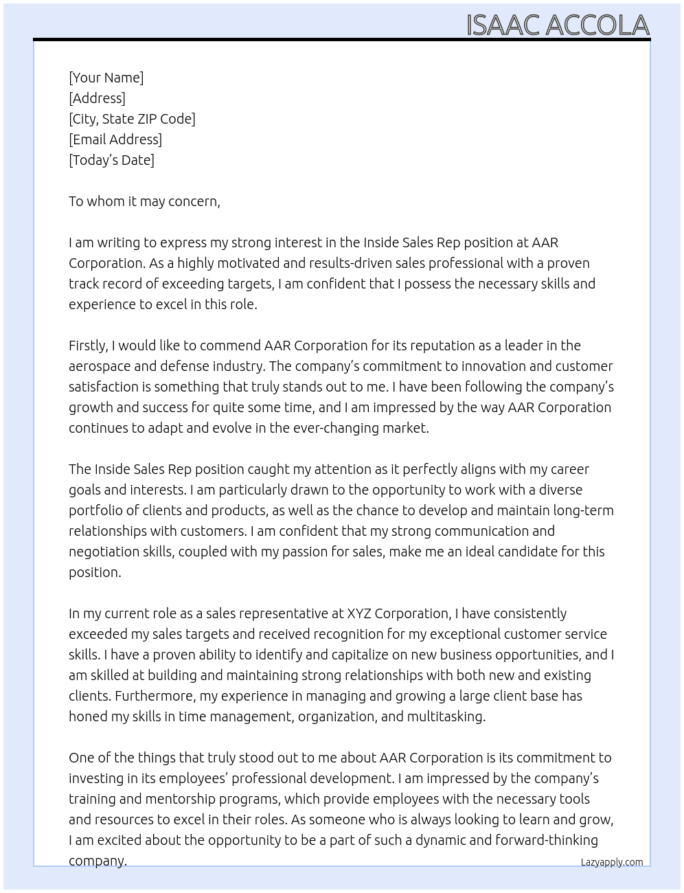 Inside Sales Rep At AAR Corporation Cover Letter