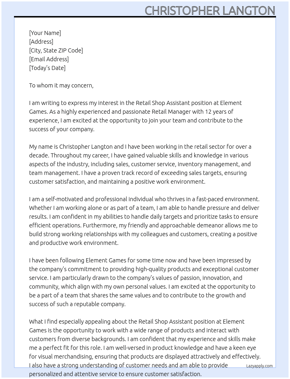 Retail shop assistant At Element Games Cover Letter