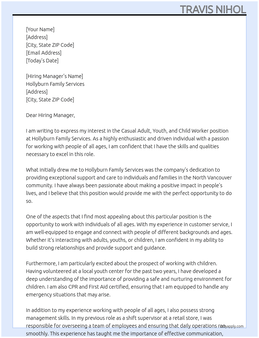 Casual Adult, Youth, Child Worker - North Vancouver At Hollyburn Family  Services Cover Letter