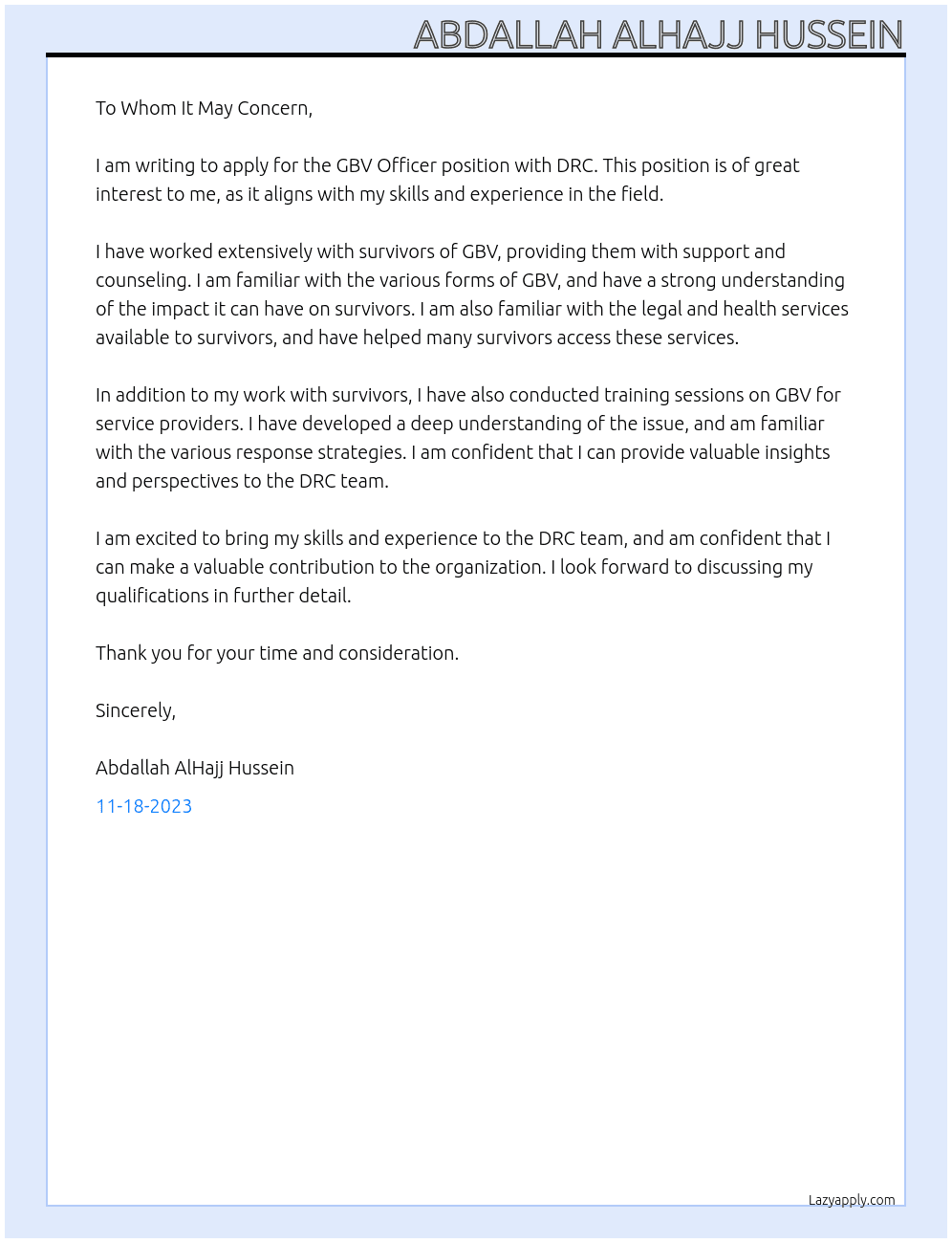 GBV Officer At DRC Cover Letter
