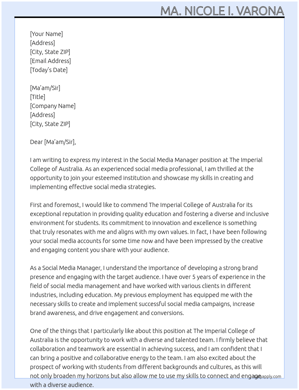 Social Media Manager At The Imperial College of Australia Cover Letter