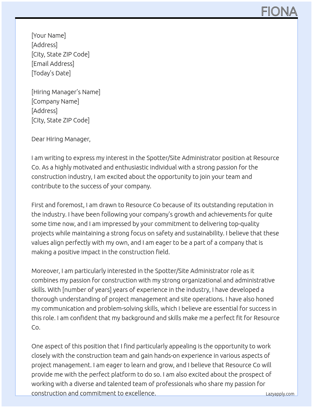 Spotter/ Site Administrator At resource Co Cover Letter