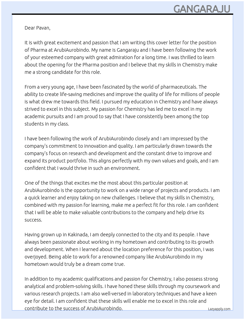 Pharma  At ArubiAurobindo  Cover Letter
