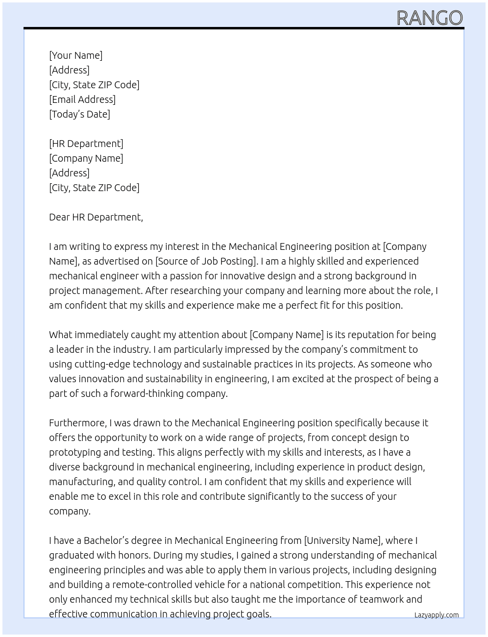 Mechanical engineering At xxxxx Cover Letter