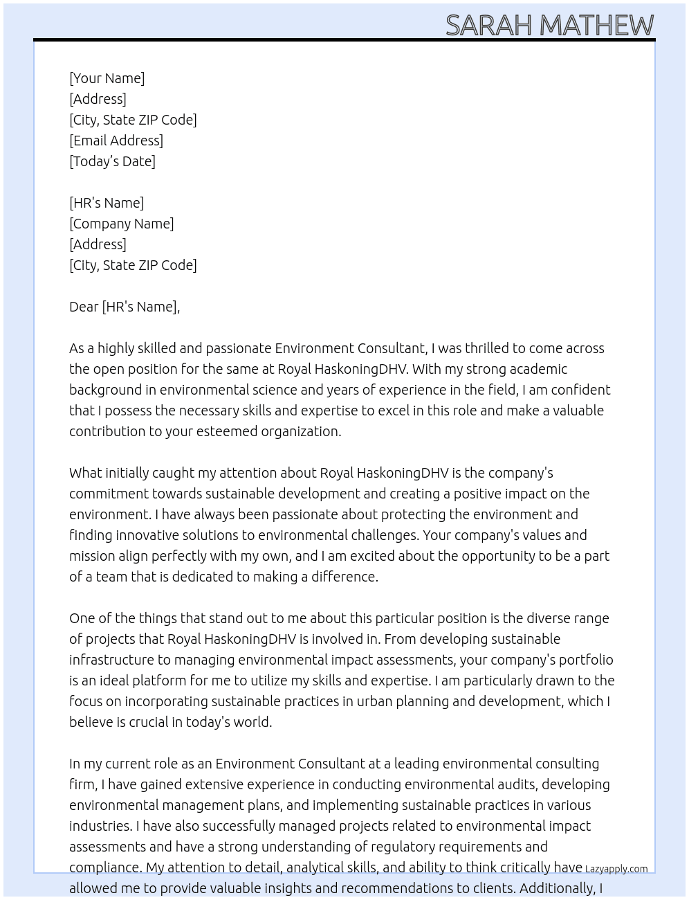 Environment Consultant At Royal HaskoningDHV Cover Letter