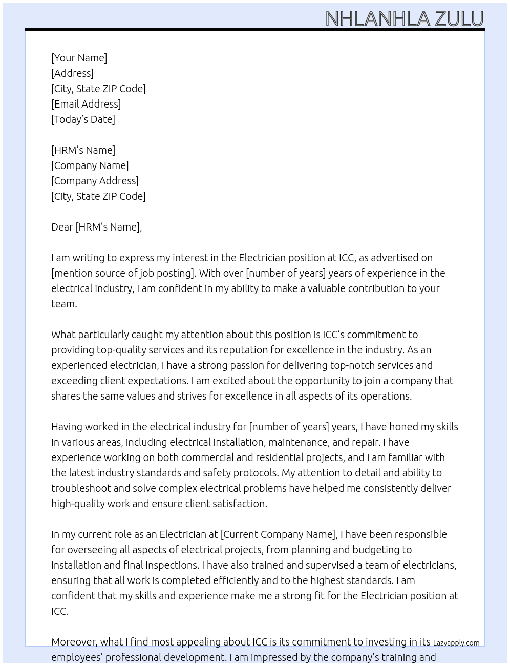 Electrician At ICC  Cover Letter