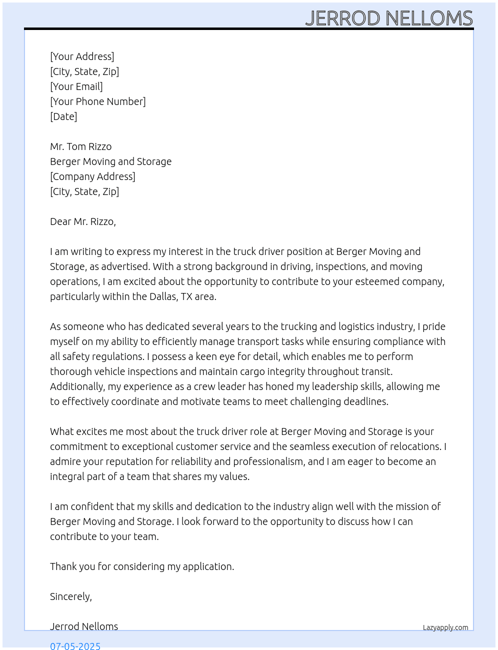truck driver At Berger moving and storage Cover Letter