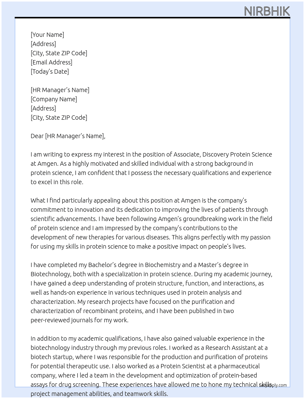 Associate, Discovery Protein Science At Amgen Cover Letter