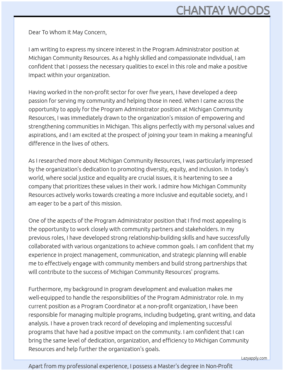 Program Administrator  At Michigan Community Resources Cover Letter