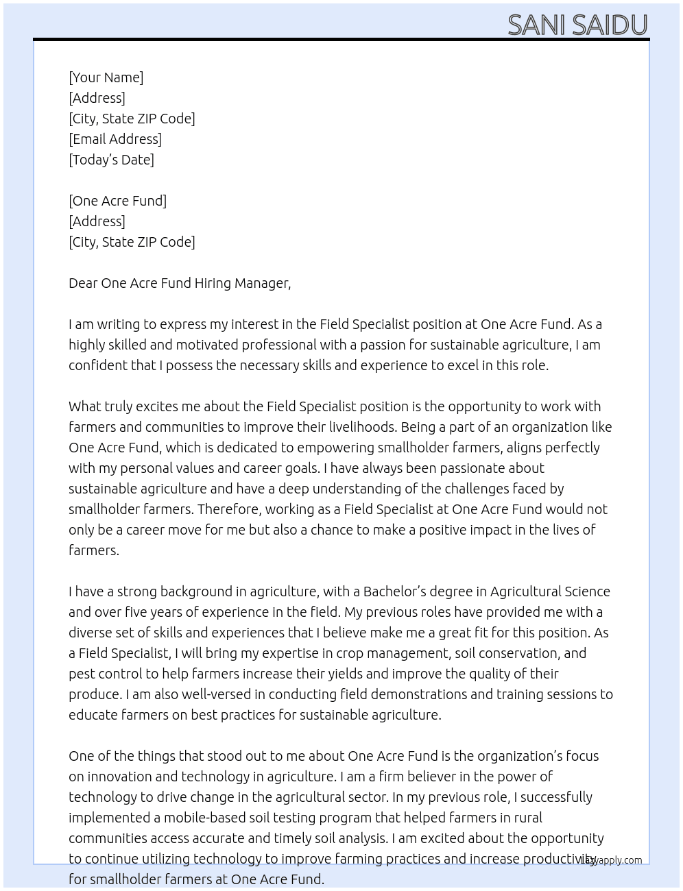 Field specialist At One acre fund Cover Letter