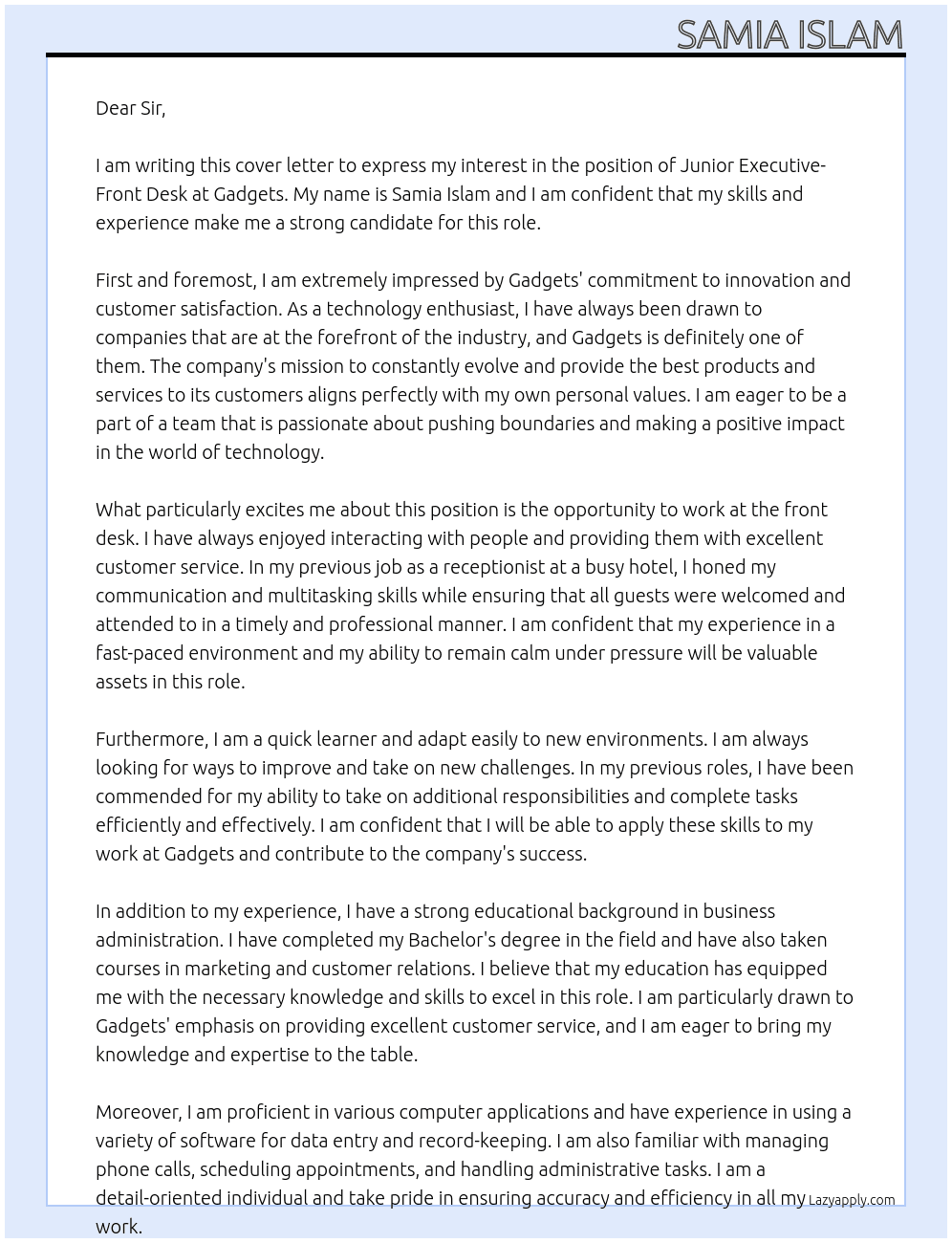 Junior Executive- Front Desk  At Gadgets Cover Letter