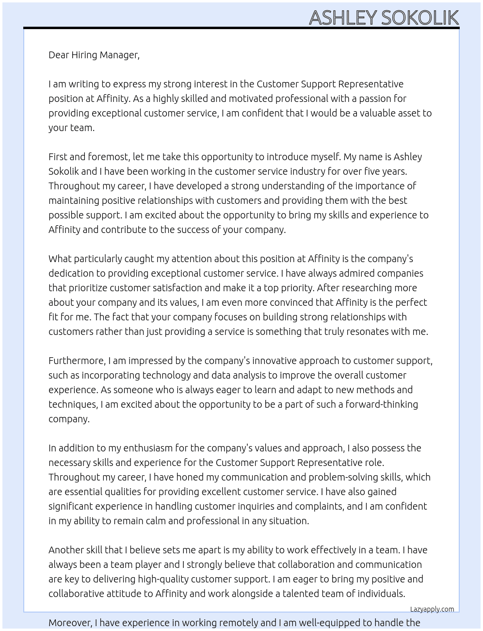 Customer Support Representative At Affinity Cover Letter