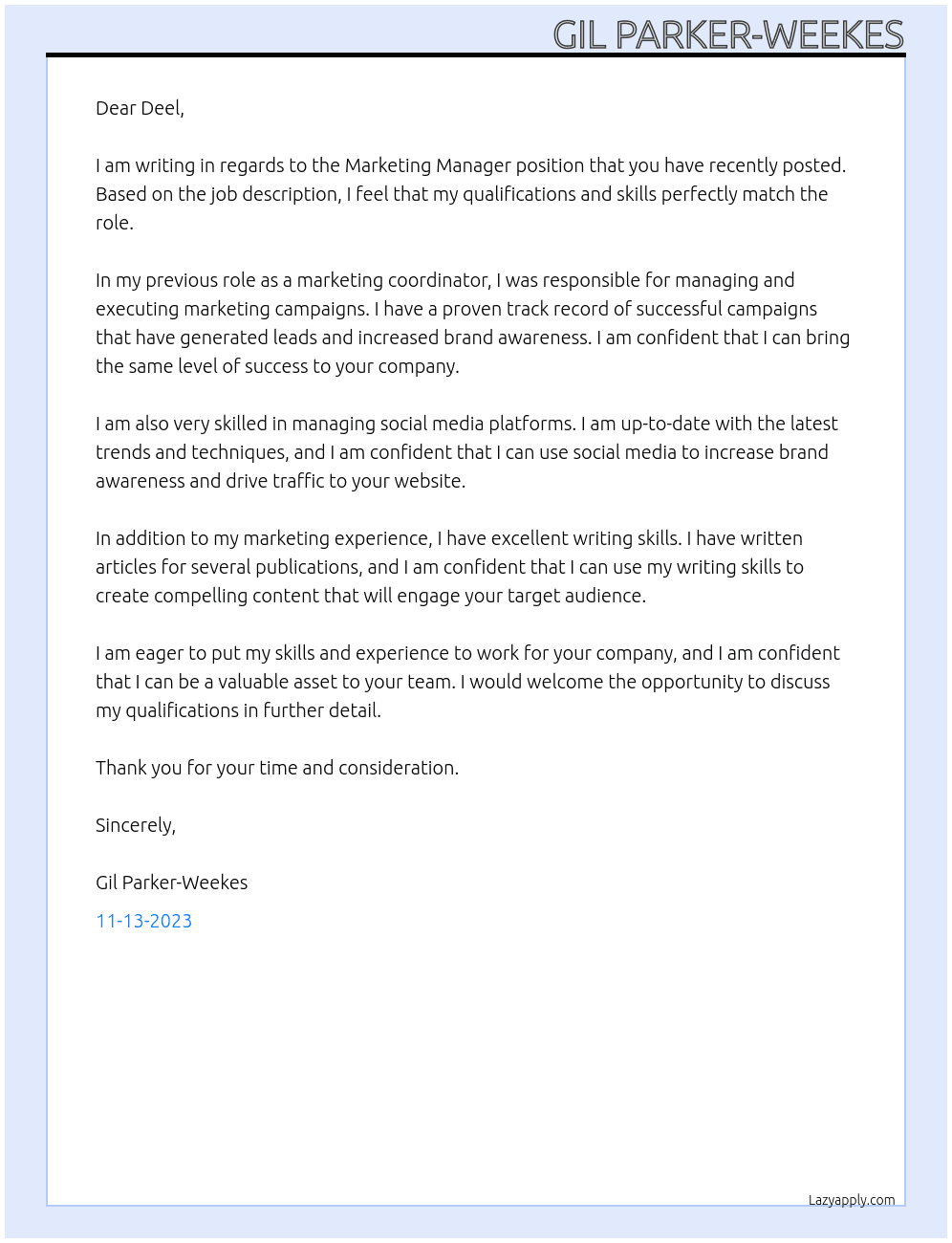 Marketing Manager At Deel Cover Letter