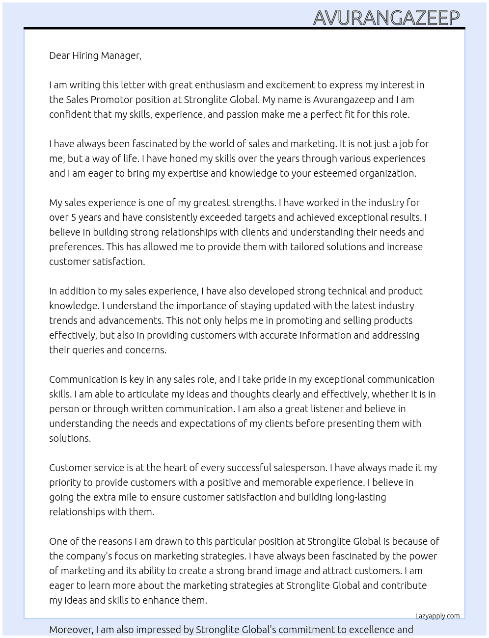Sales promotor At Stronglite global Cover Letter