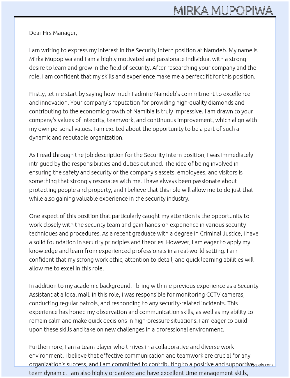 Security intern  At Namdeb  Cover Letter