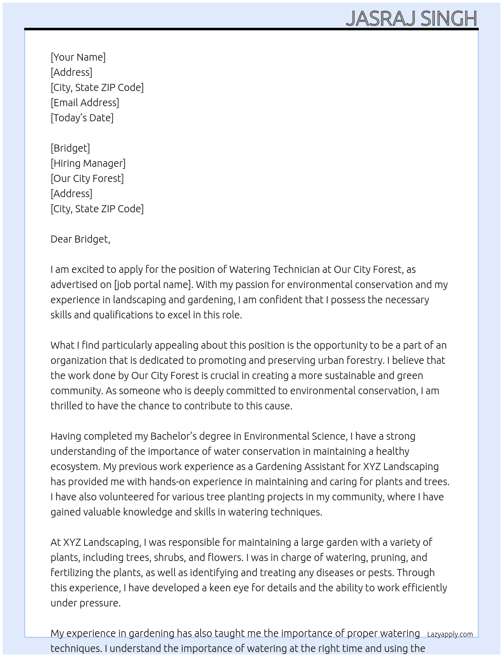 Watering Technician At Our City Forest Cover Letter