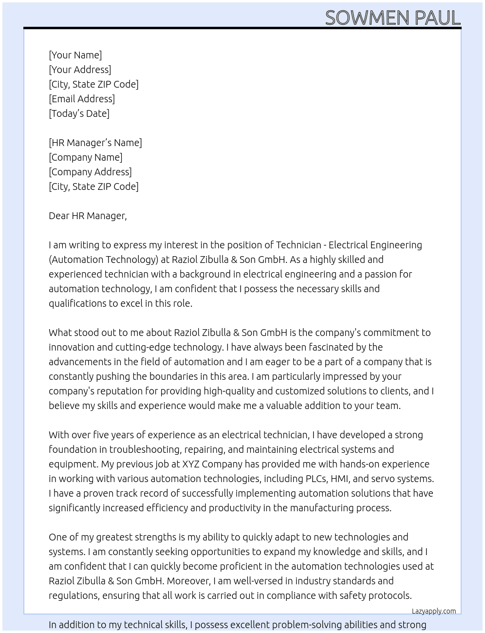 Technician - Electrical Engineering (Automation Technology) At Raziol Zibulla & Son GmbH Cover Letter