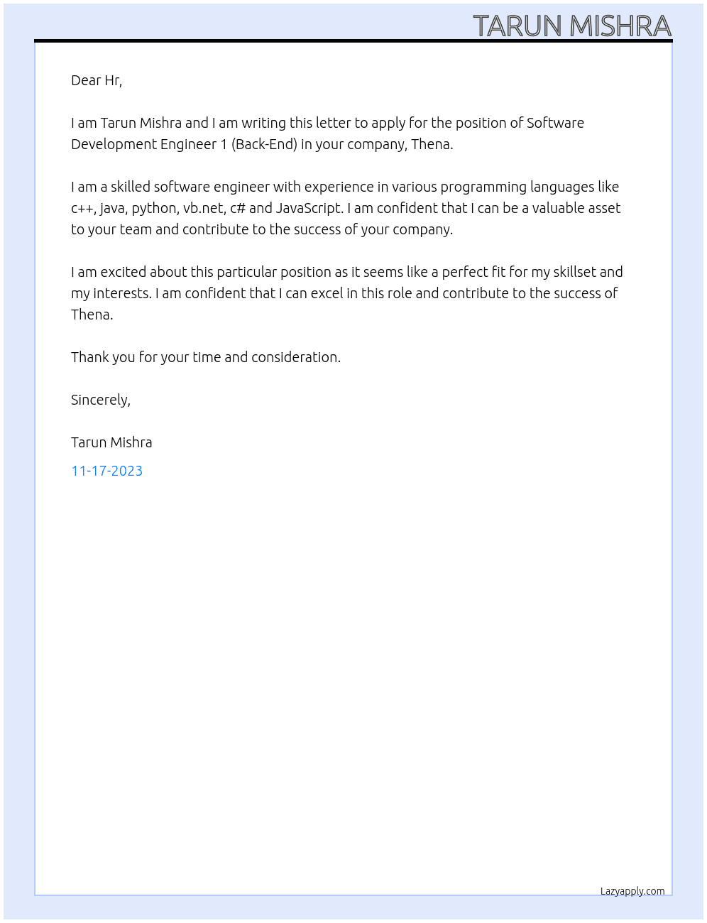 Software Development Engineer 1 (Back-End) At Thena Cover Letter