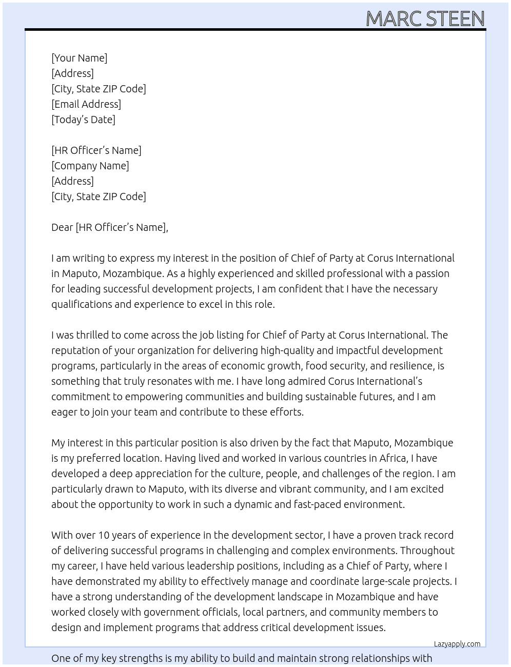 Chief of Party At Corus International Cover Letter