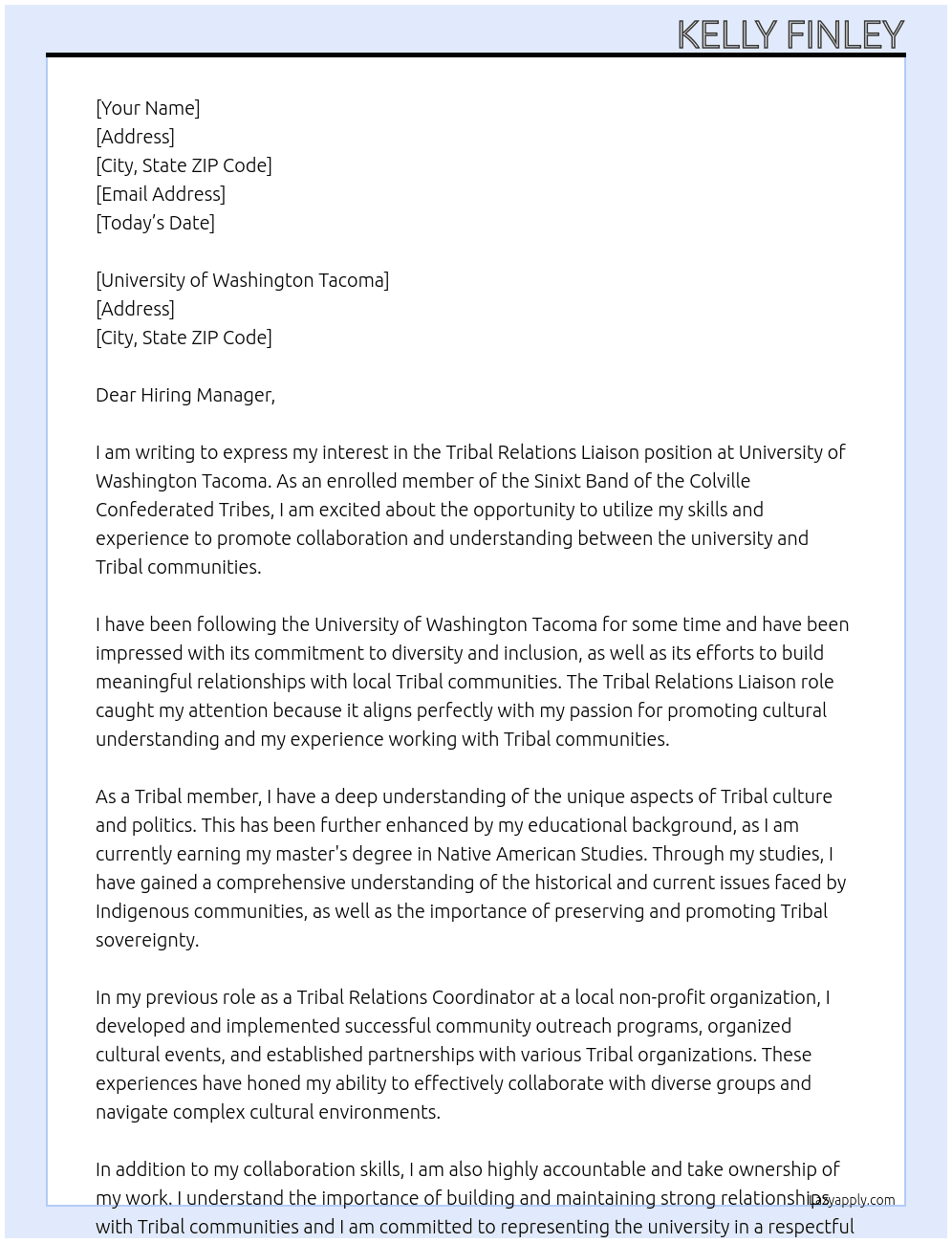 Tribal Relations Liaison At University of Washington Tacoma Cover Letter