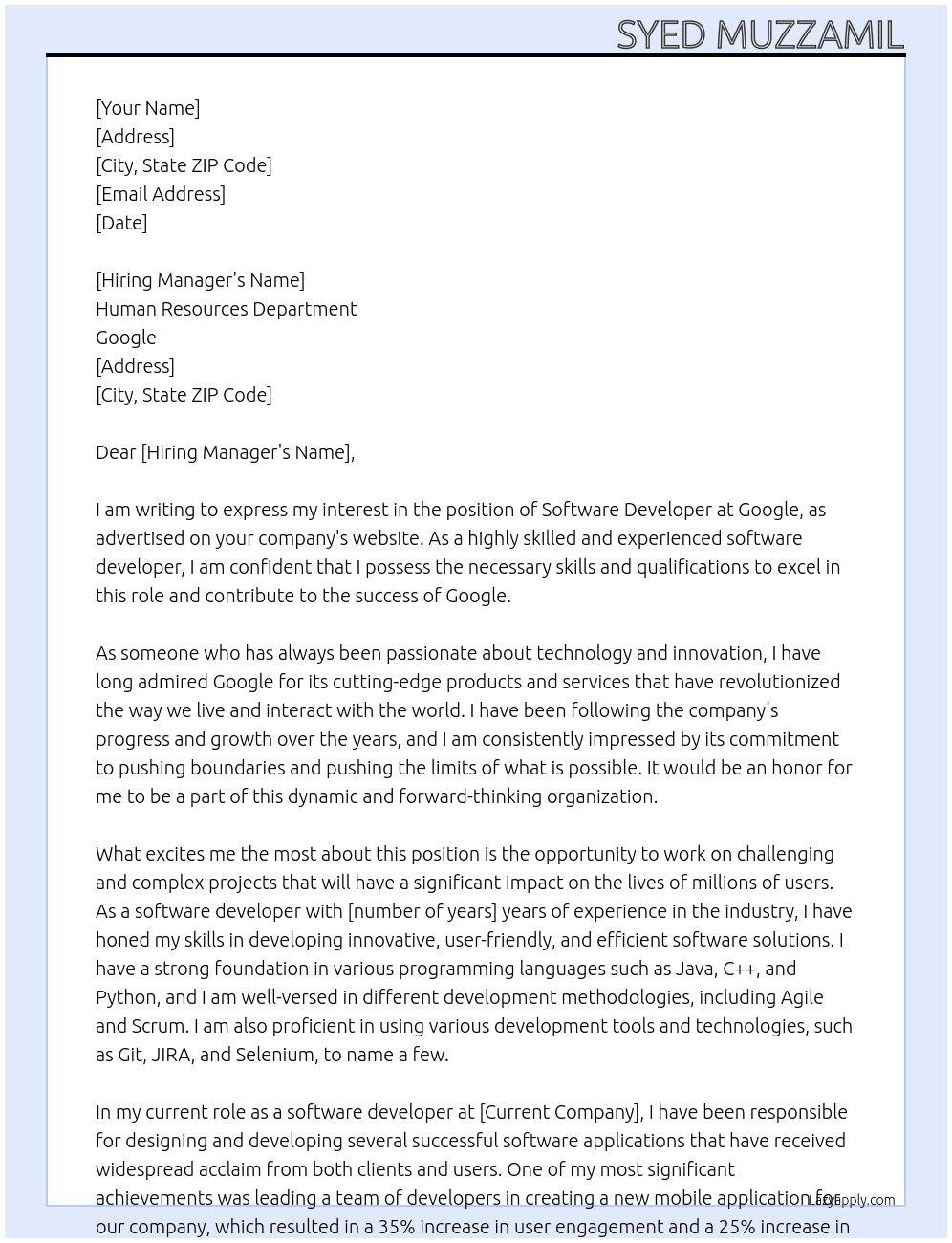 Cover letter for software deveoper - LazyApply