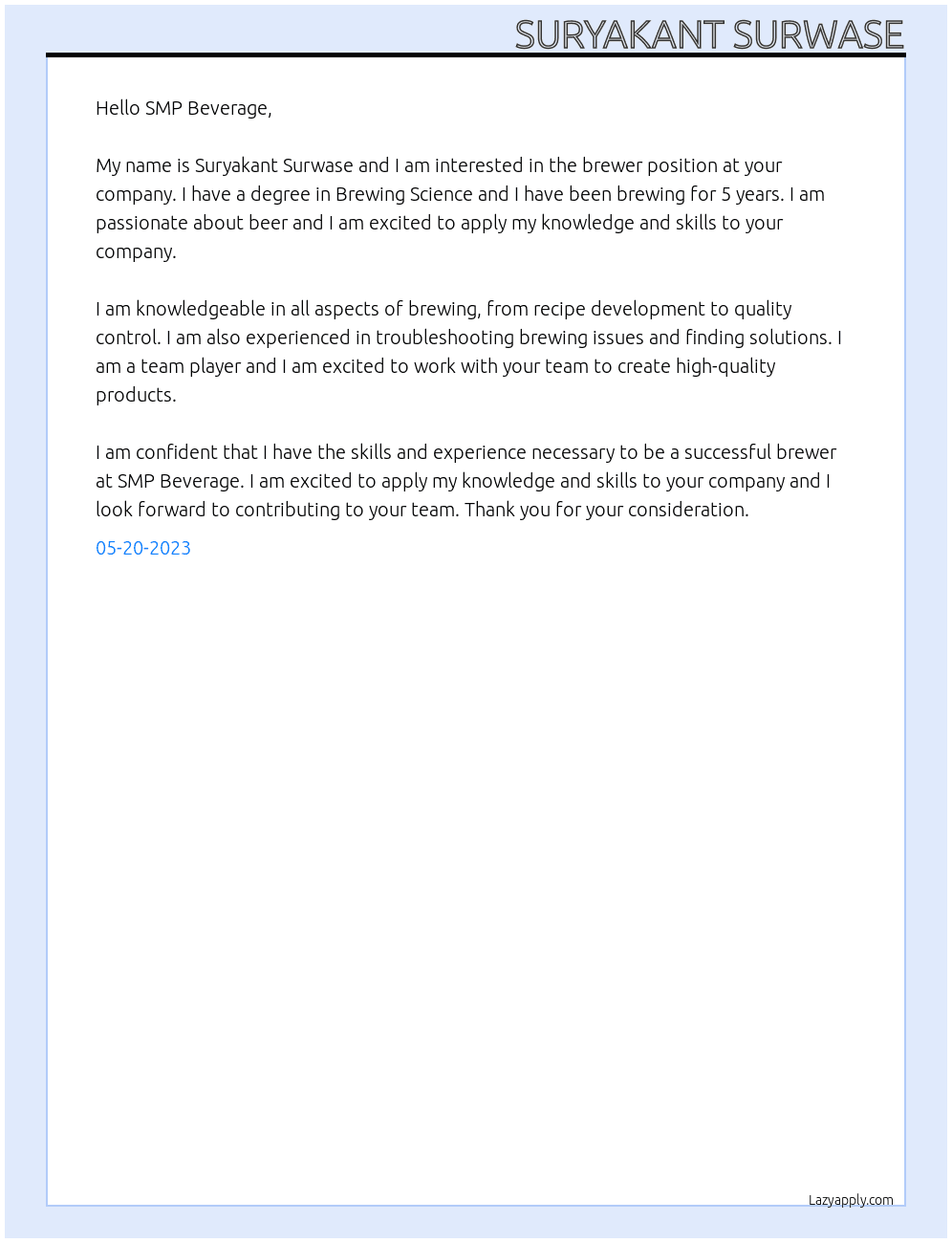 brewer At smp beverage Cover Letter
