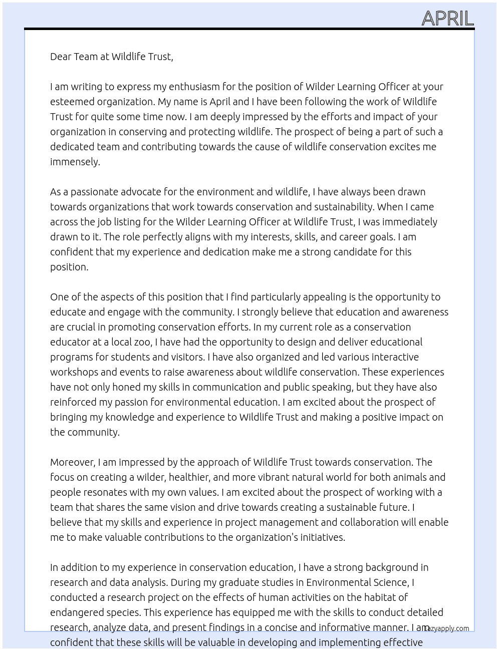 Wilder Learning Officer At Wildlife Trust Cover Letter
