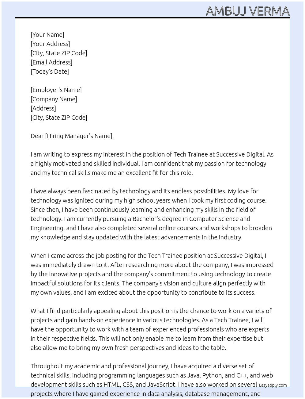 tech trainee At Successive Digital Cover Letter