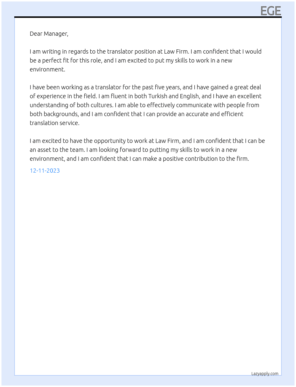 Translator At Law Firm Cover Letter