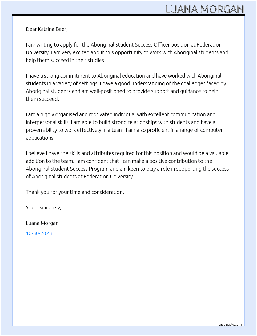 Aboriginal Student Success Officer At Federation University Cover Letter