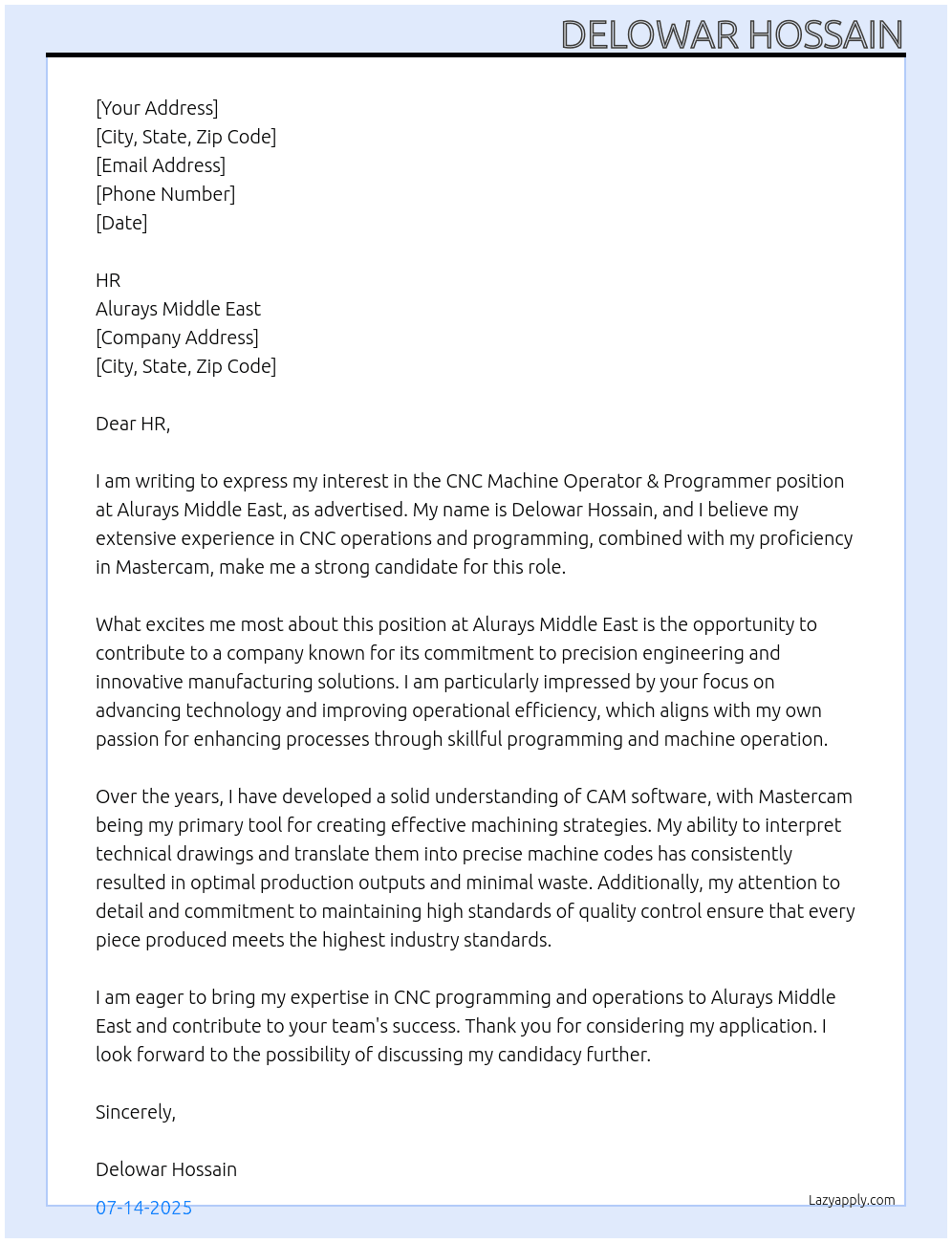 Cover letter for cnc machine operator & programmer - LazyApply
