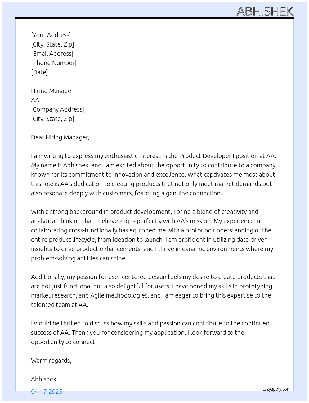 Product Developer I  At aa Cover Letter
