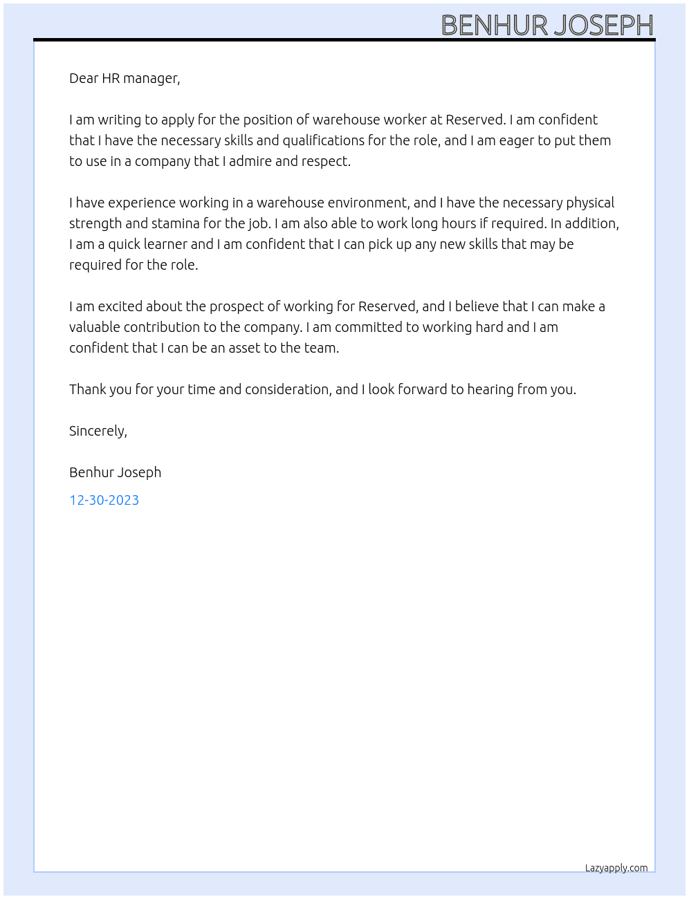 Warehouse worker At Reserved Cover Letter