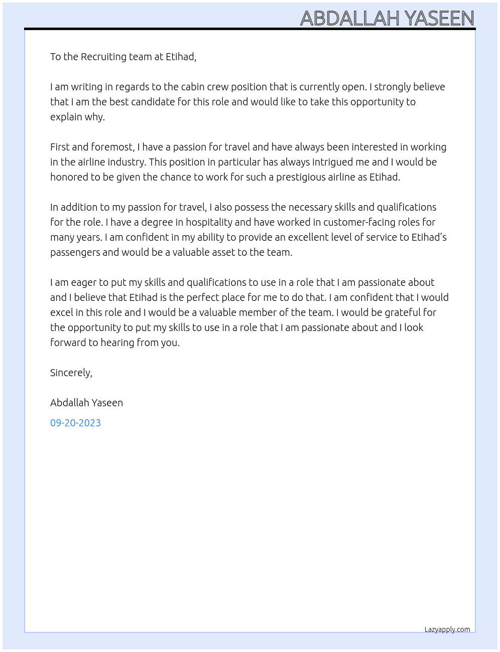 Cabin crew  At Etihad  Cover Letter