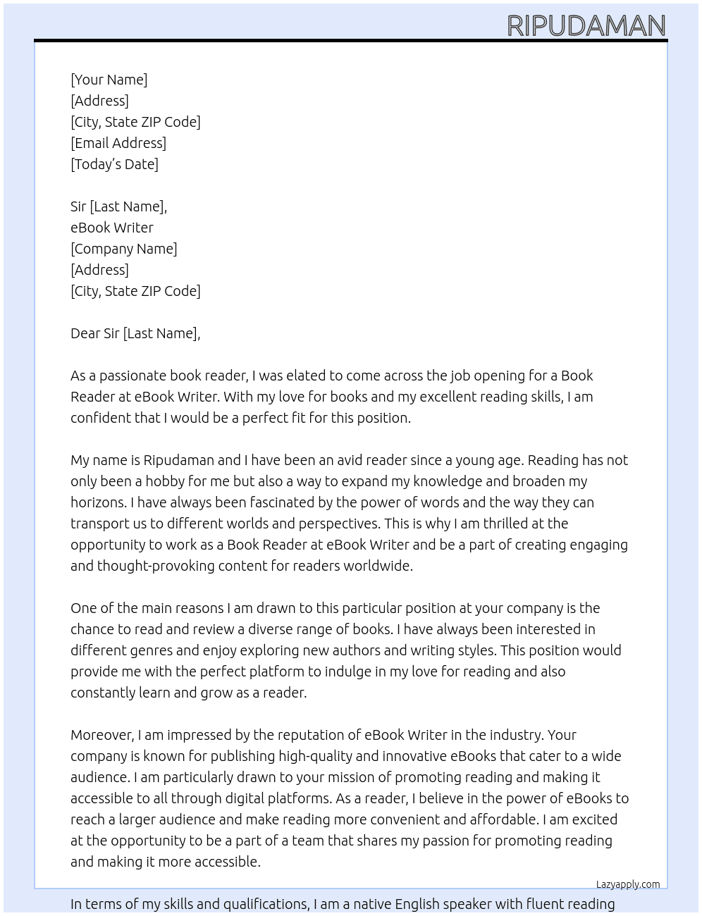 Book reader  At eBook writter Cover Letter