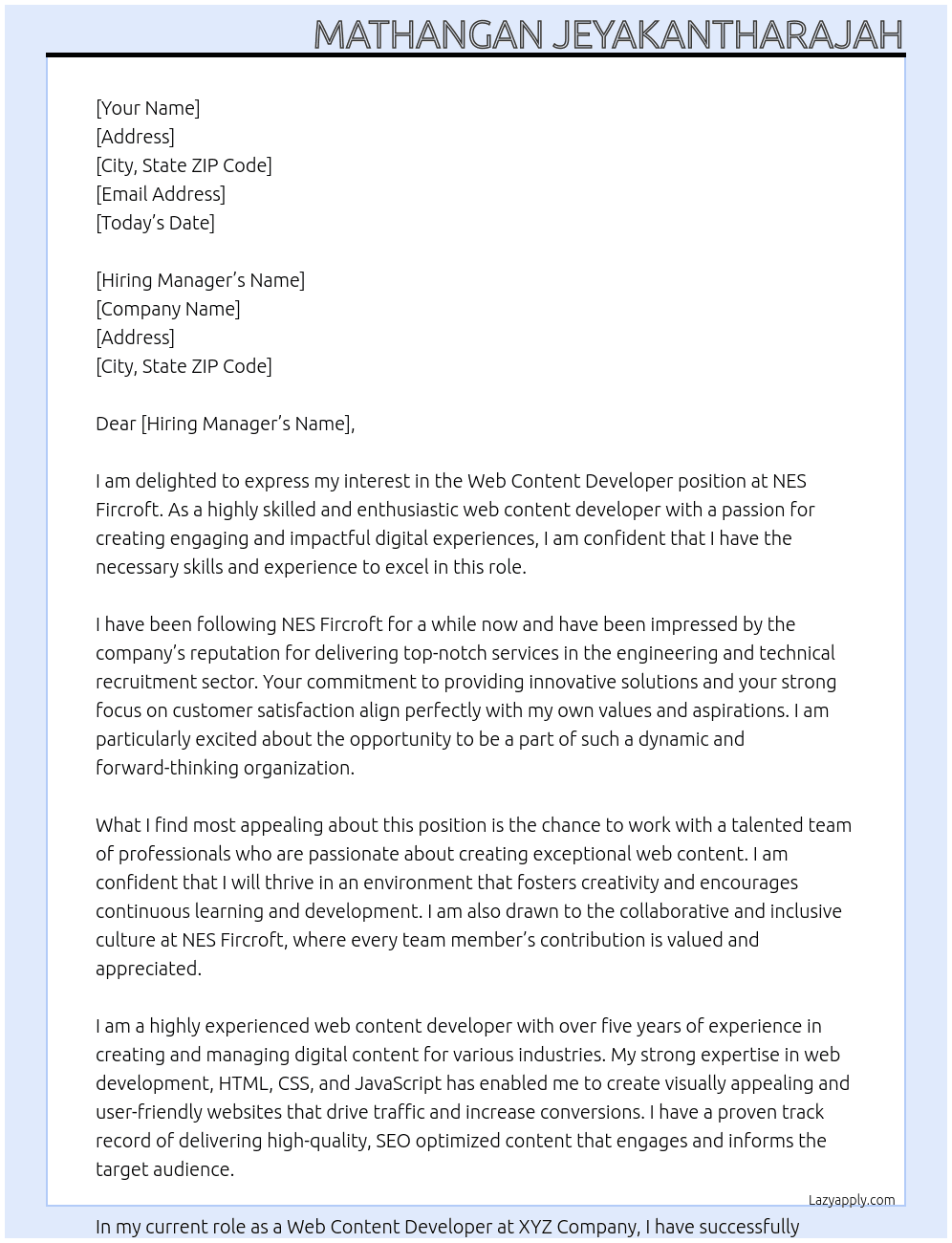 Web Content Developer At NES Fircroft Cover Letter