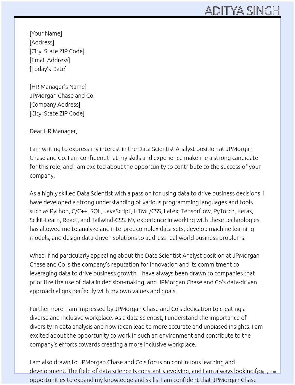 Data Scientist Analyst At JPMorgan Chase and Co Cover Letter