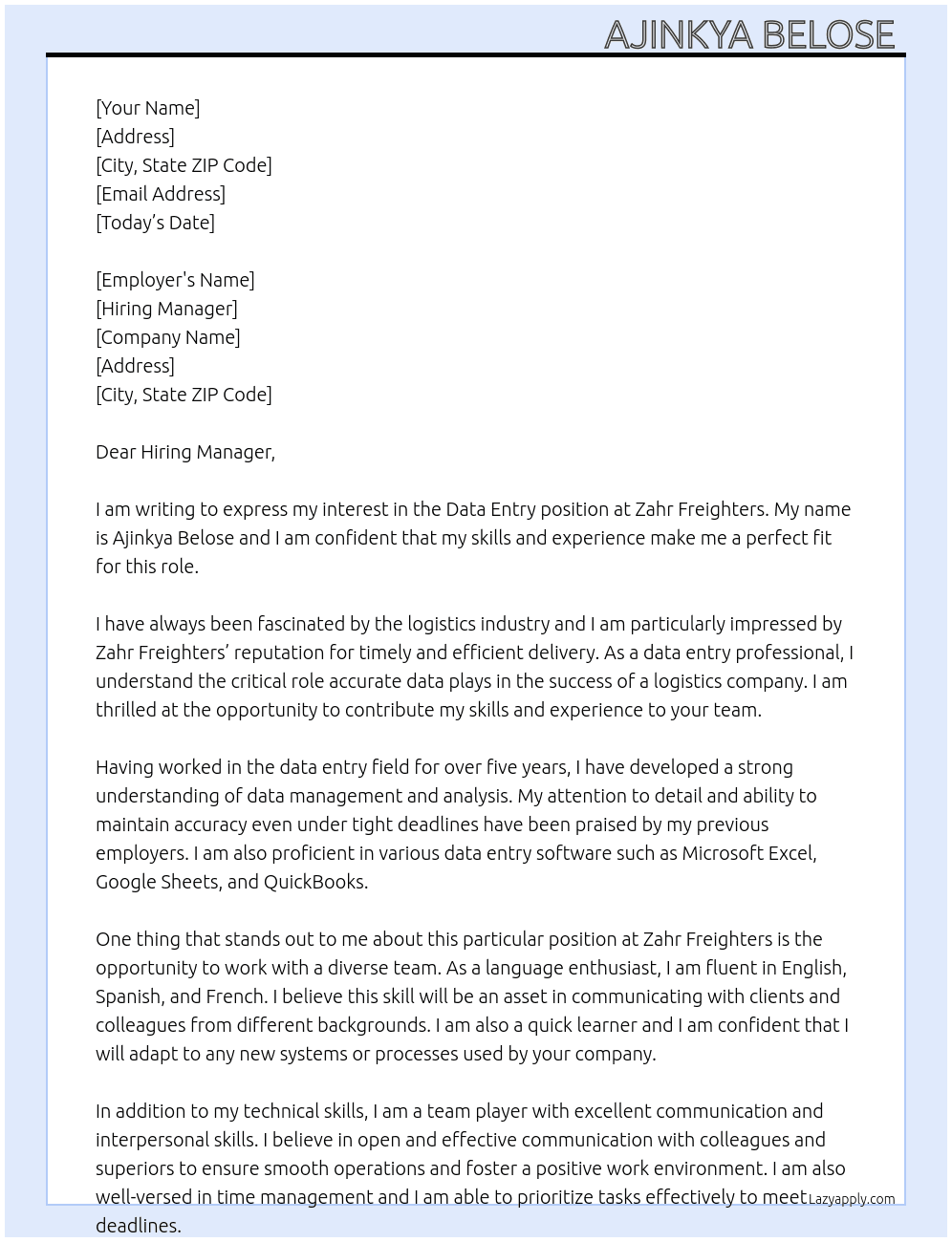 Data entry  At Zahr freighters  Cover Letter