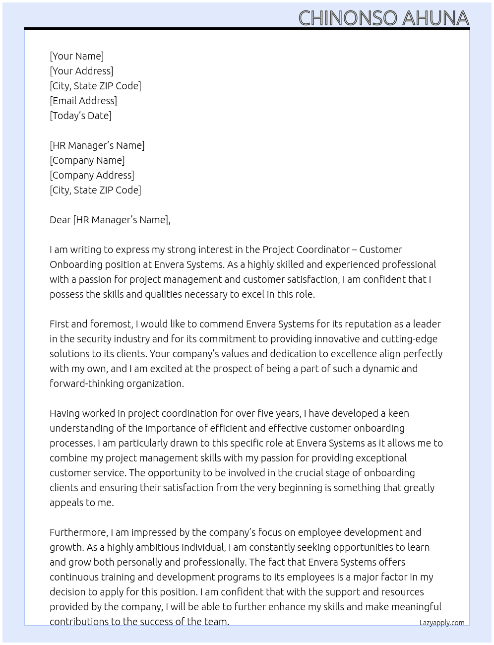Project Coordinator - Customer Onboarding At Envera Systems Cover Letter