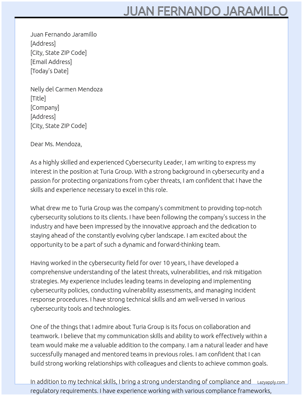 Cybersecurity Leader At Turia Group Cover Letter