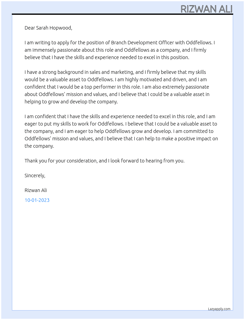 Branch Development Officer At Oddfellows Cover Letter