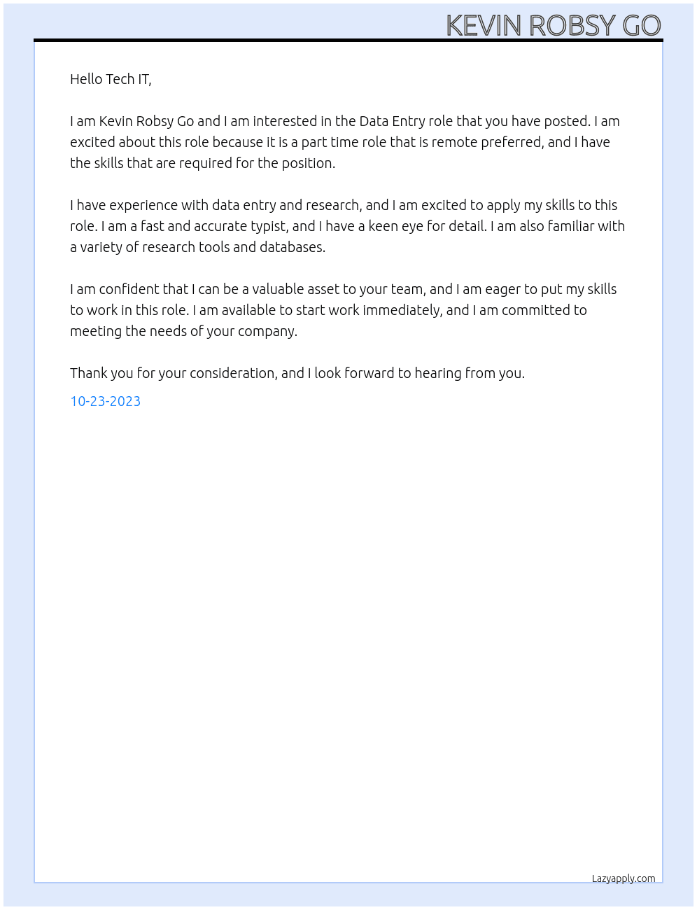 Data Entry At Data Research and Entry Specialist for AI-Driven Task Cover Letter