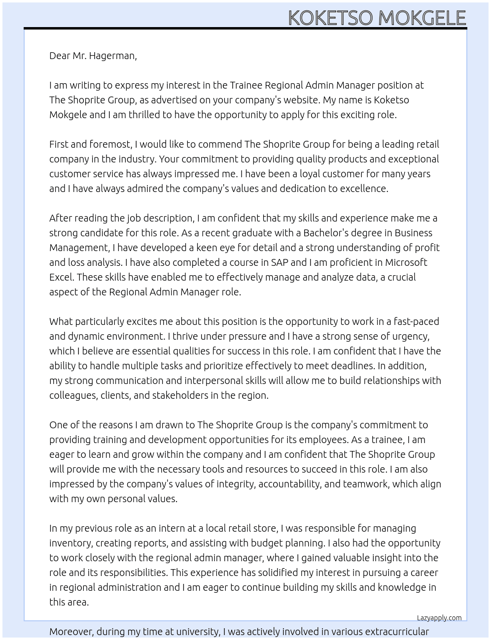 trainee regional admin manager At the shoprite group Cover Letter