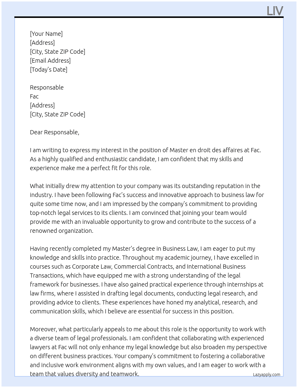 Master en droit des affaires  At Fac Cover Letter