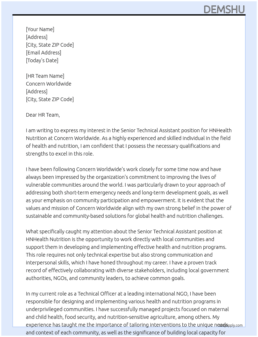 senior-technical-assistant-hnhealth-nutrition. At Concern worldwide  Cover Letter